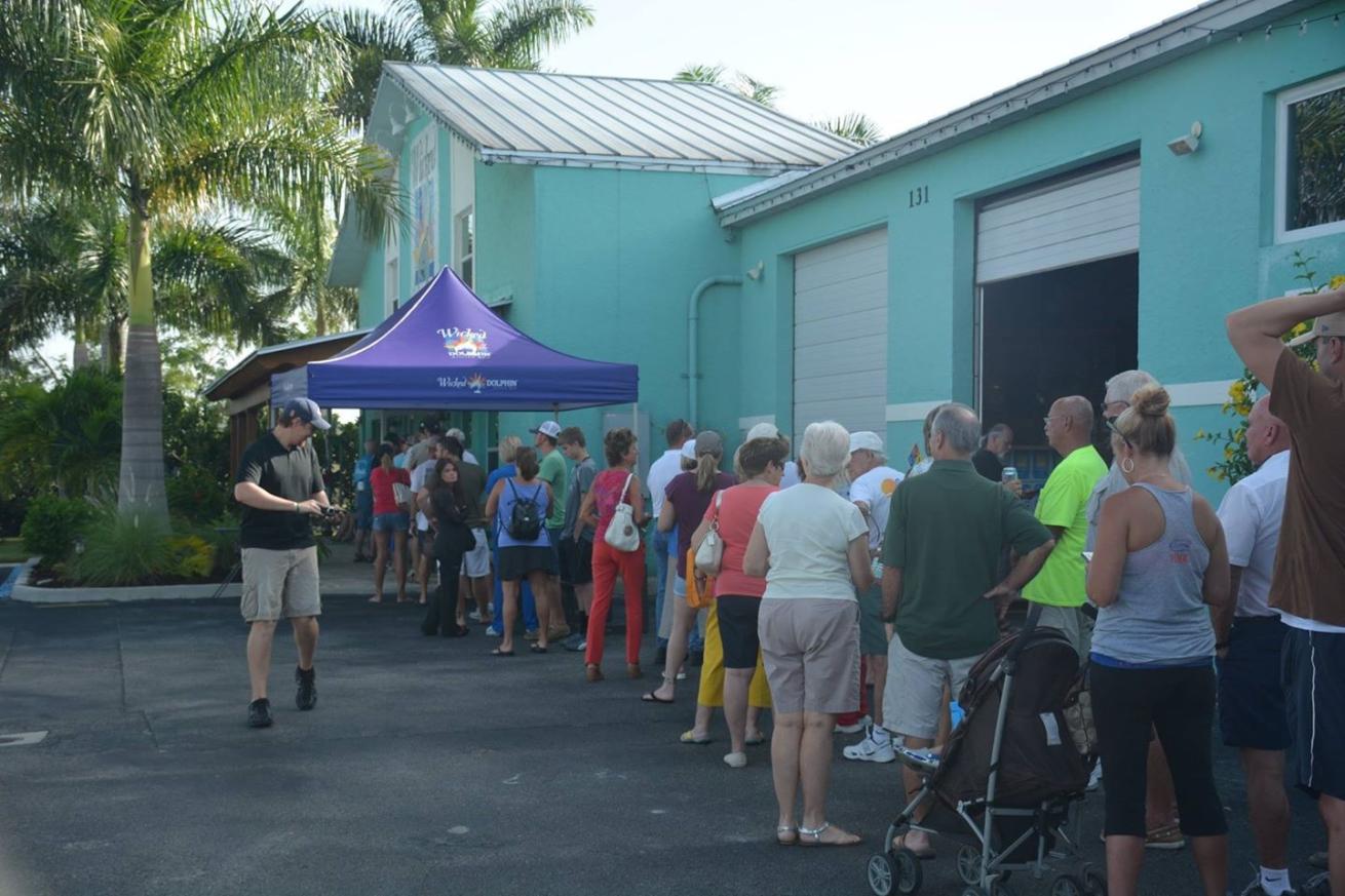 In line outside of the Wicked Dolphin Rum Distillery