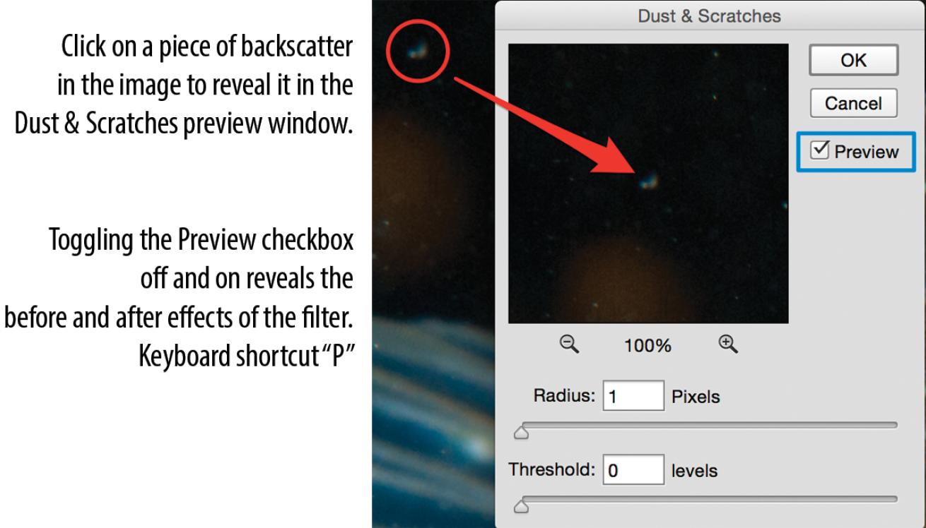 How to remove backscatter using adobe photoshop and preview before/after