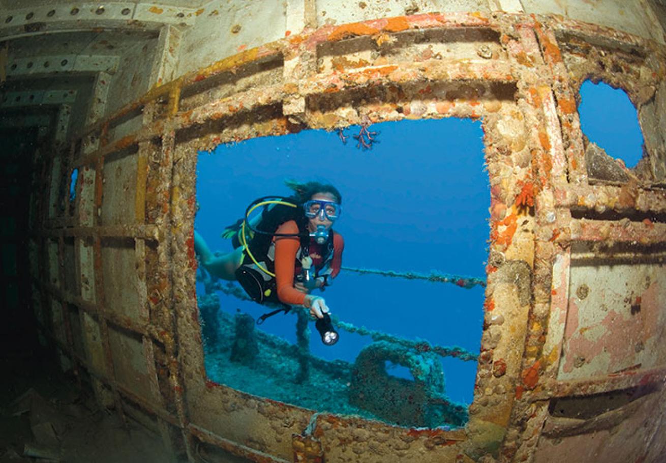 diver explores Spiegel Grove, Florida Keys