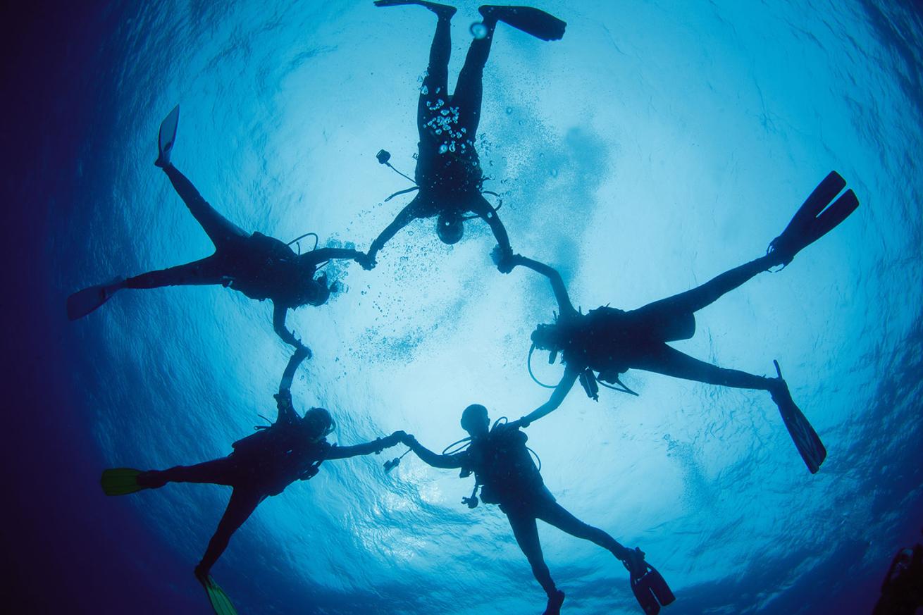 Divers holding hands underwater