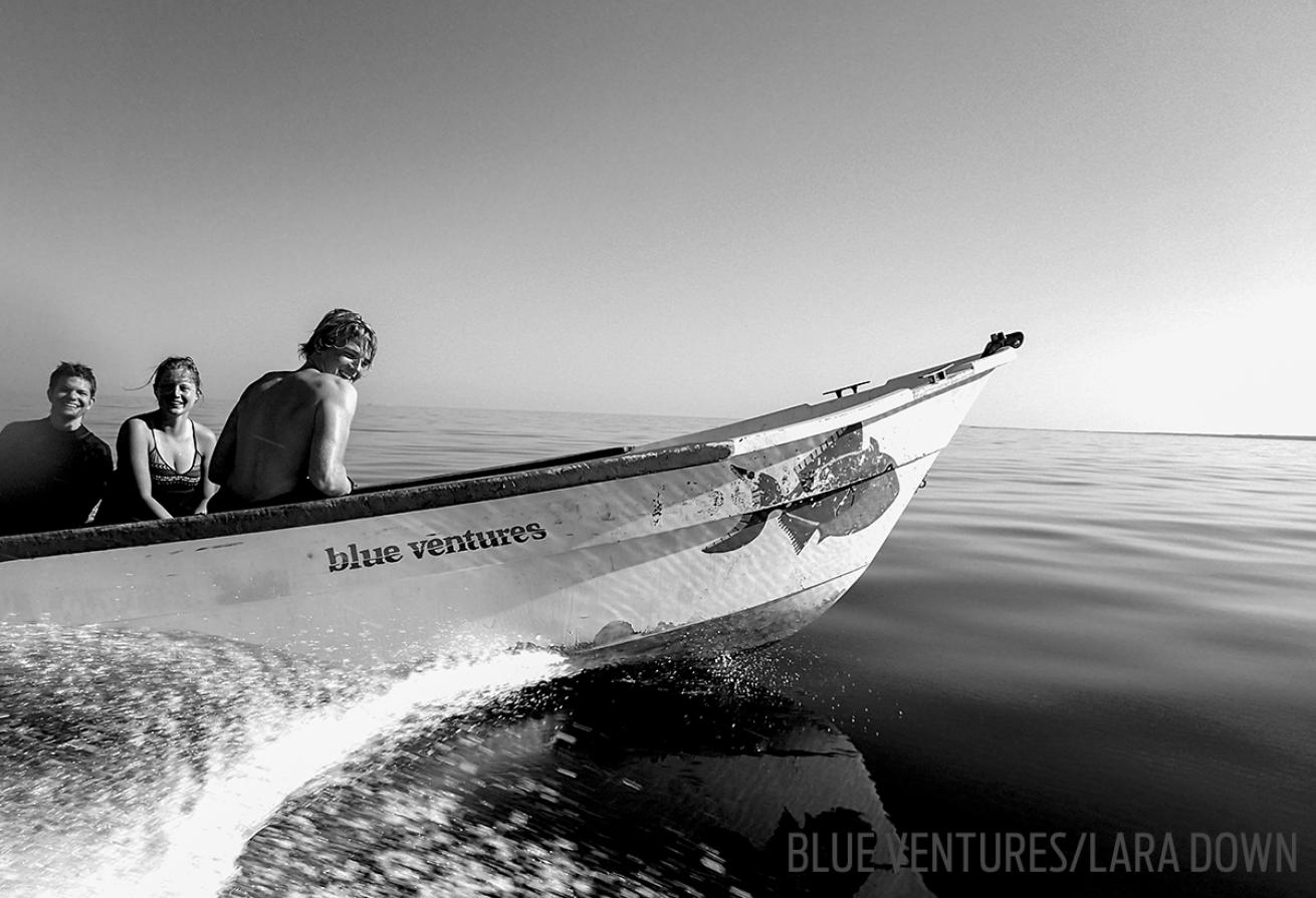 Blue Ventures boat black and white ocean