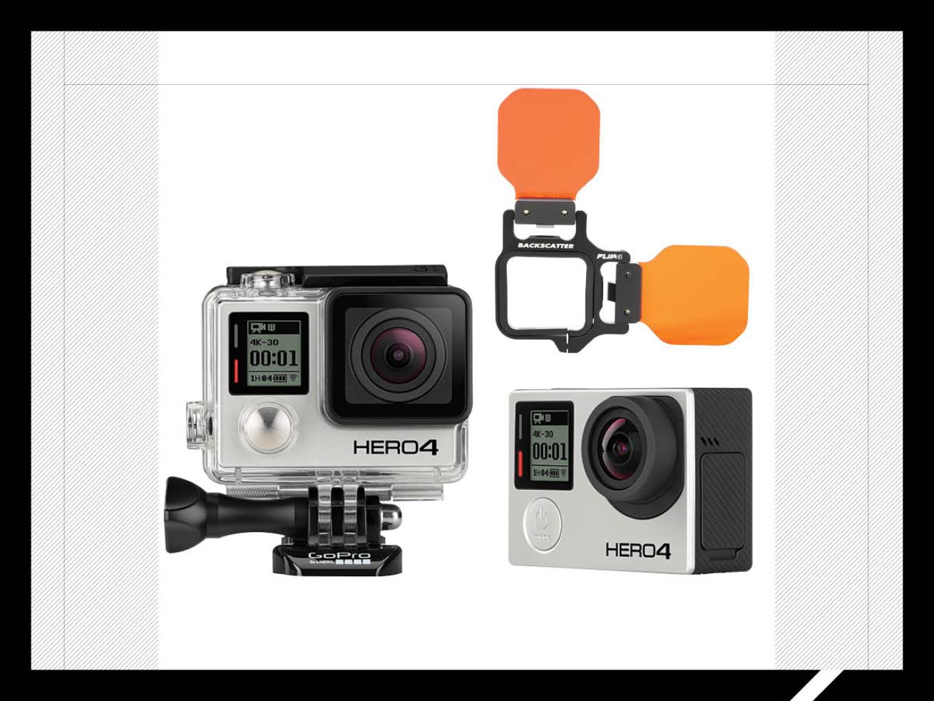 GoPro Hero 4 camera, underwater housing, and Flip4 filter kit.