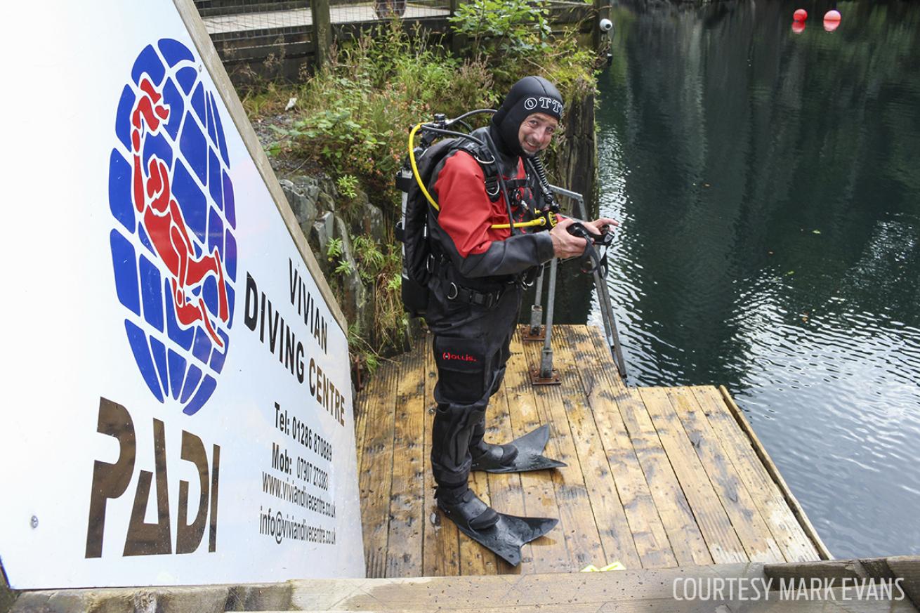 ScubaLab drysuit tester prepares to go scuba diving at Vivian Quarry