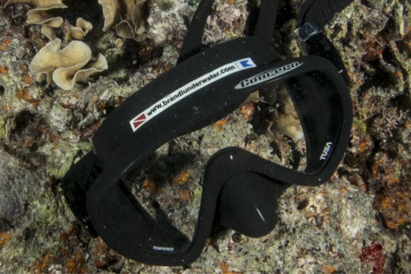 A black scuba mask resting on a rock underwater