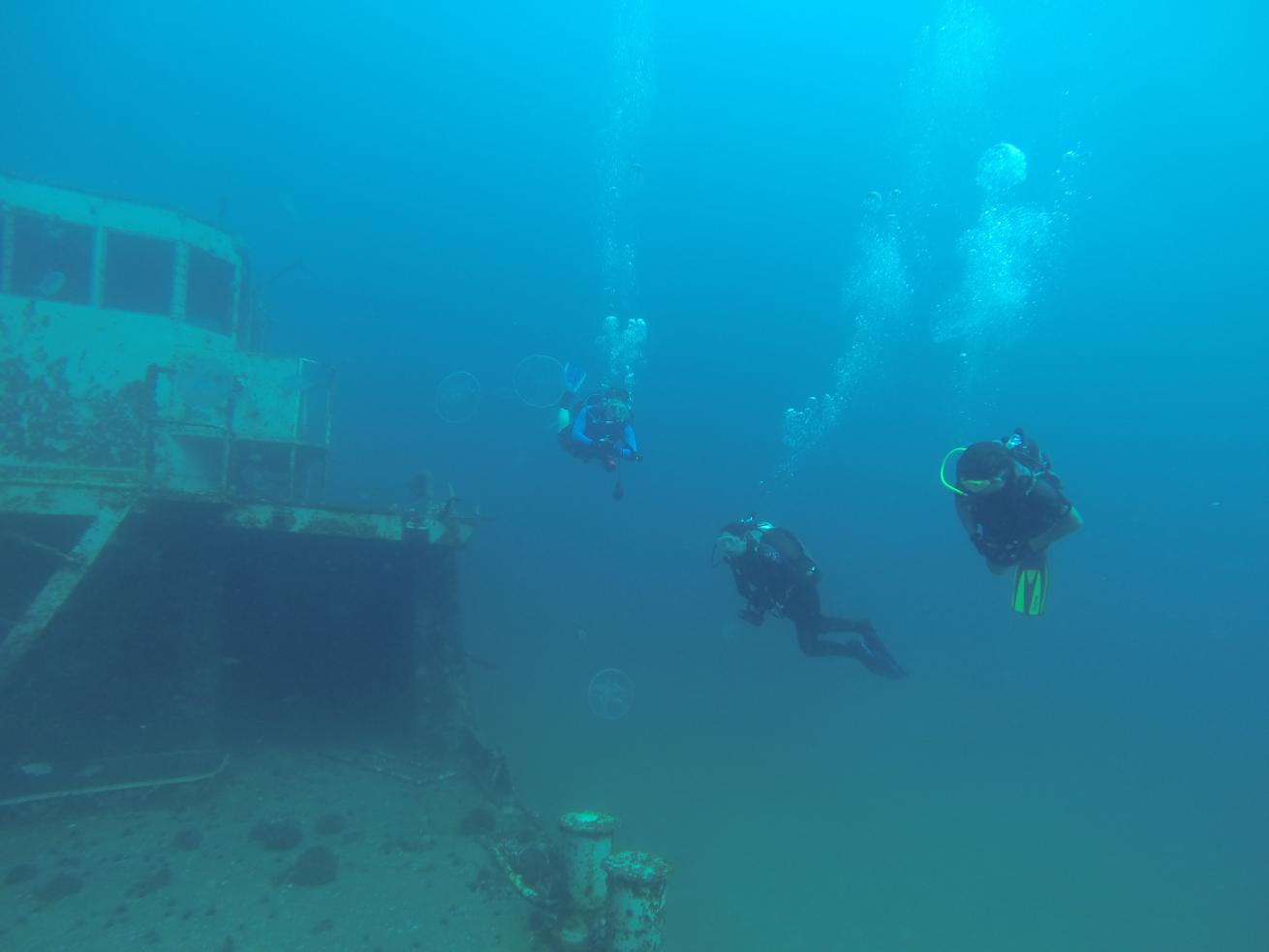 Three scuba divers explore a sunken wreck