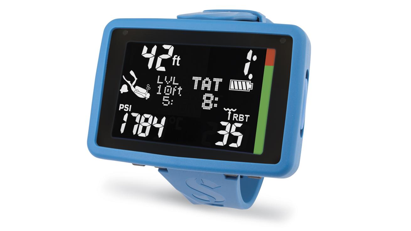 A blue digital watch with white text