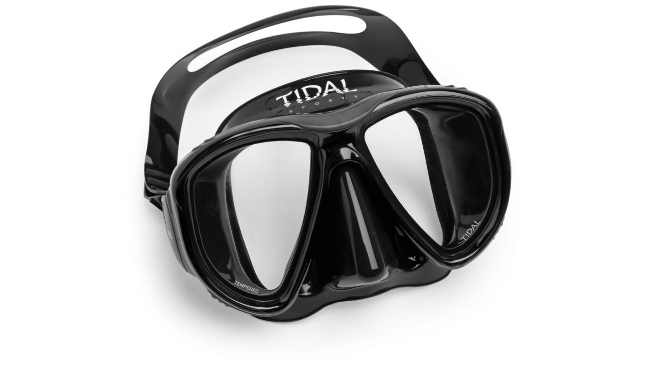 A black scuba mask with white text