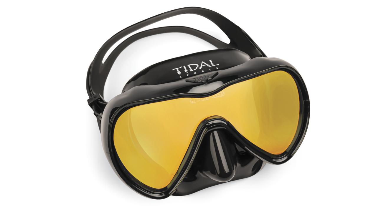 A black scuba mask with yellow lenses