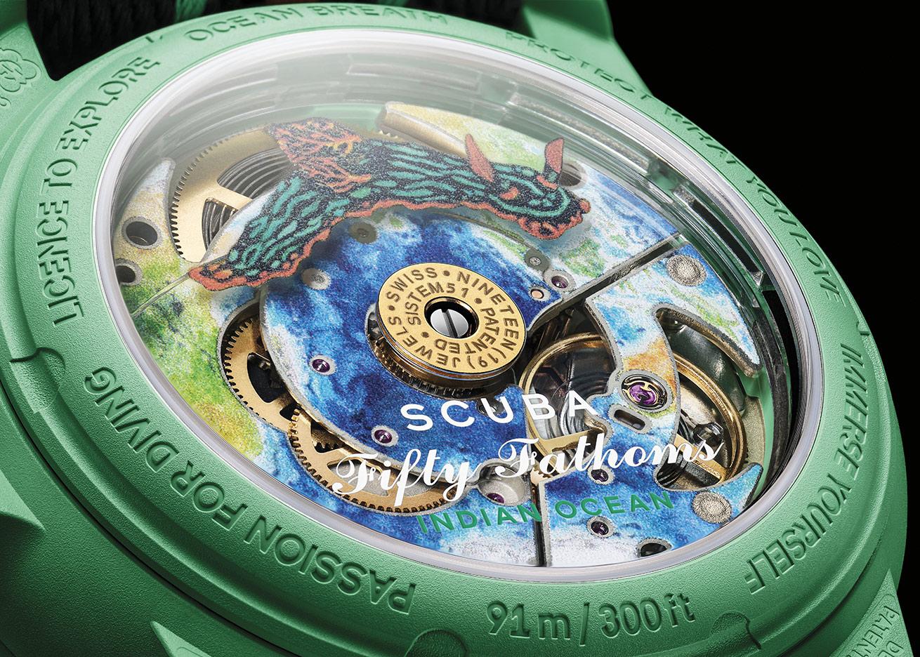 Each watch’s automatic movement is adorned with a colorful ocean-inspired digital print.