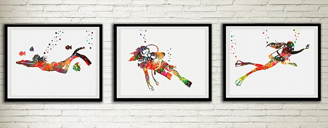 Scuba Diving Girl Watercolor Posters Set 