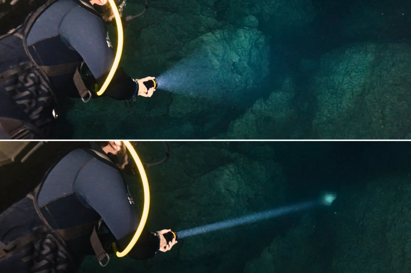 The top image shows a beam angle of 72 degrees, while the bottom image has a beam angle of 4 degrees and is better for penetrating through dark, murky environments. The OrcaTorch has the ability to adjust the beam angle on the fly. 