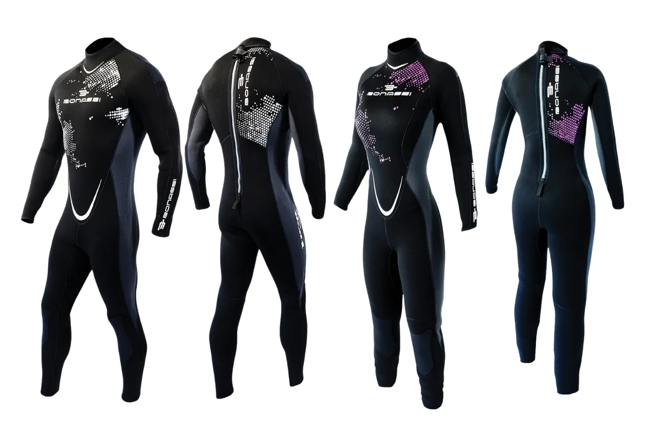 Bonassi Vespucci 5 mm black full-body wetsuit for freediving and spearfishing with front product view.