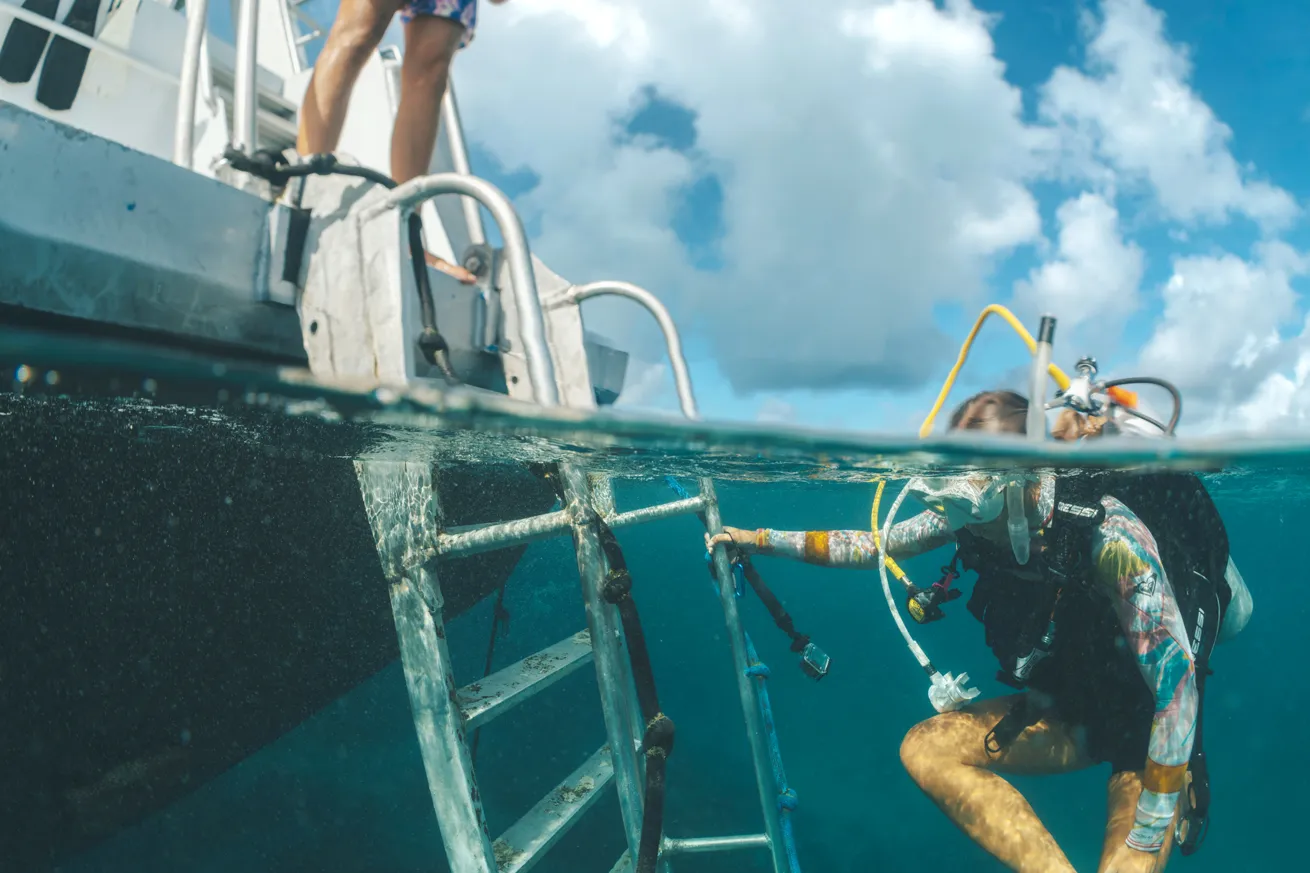 A diver prepares to hand over their fins before boarding a dive boat.