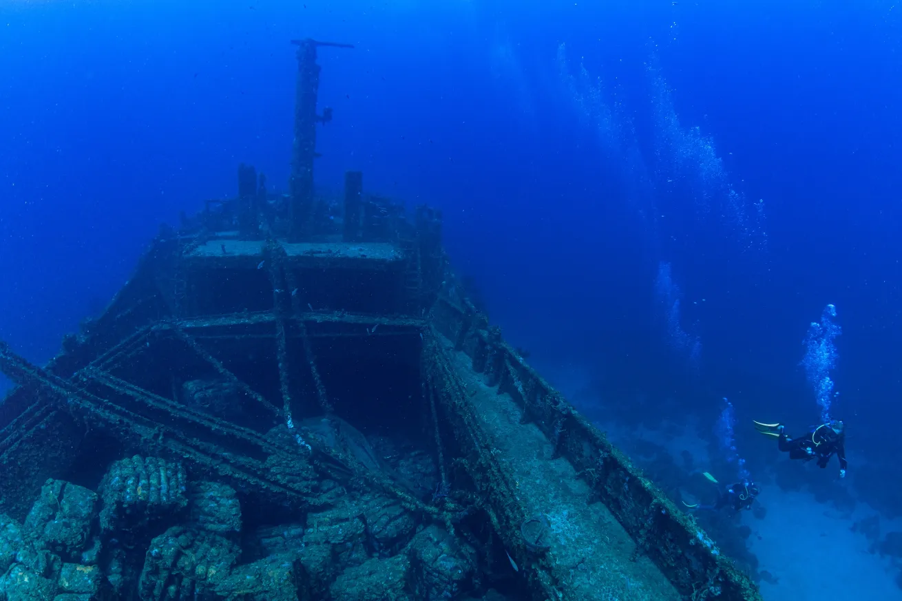 The open hull of MV Shake’m, with the full cargo load of cement bags that were kept intact when the vessel originally sank.