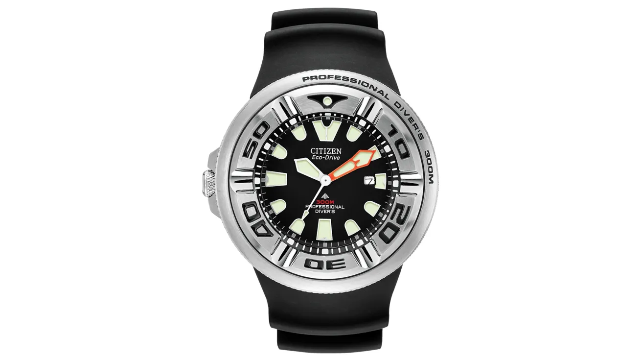 Citizen Promaster Dive watch with a black dial, bold luminous hour markers, orange minute hand, and a stainless steel bezel paired with a black rubber strap.