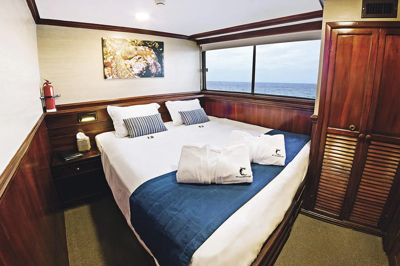 A master upper deck cabin complete with a king bed and picture windows with a view.

