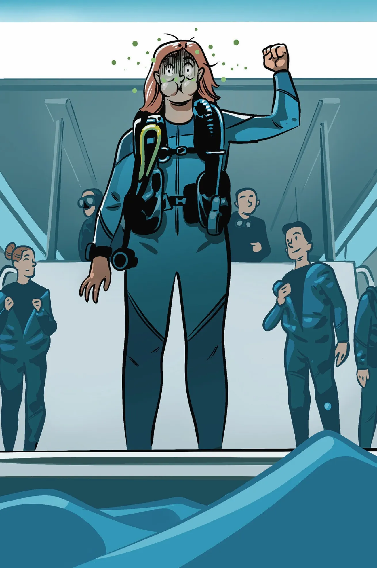 illustration of a sea sick diver about to jump off a boat
