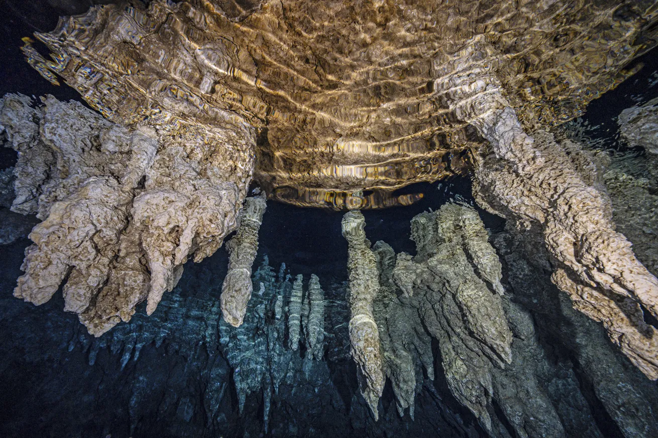 Stalactites hang from the ceiling at Chandelier Cave
