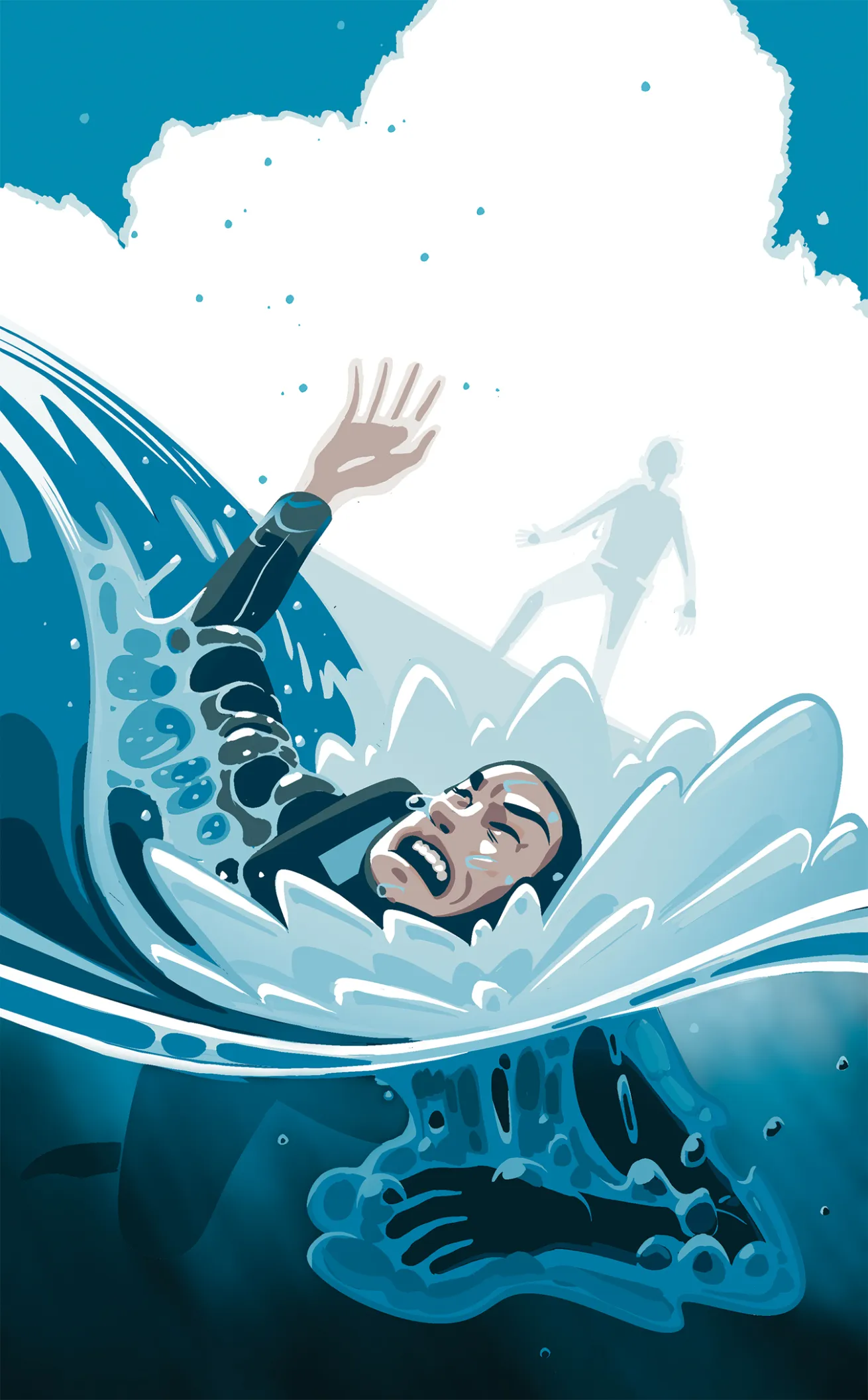 illustration of a diver panicking at the surface of the water