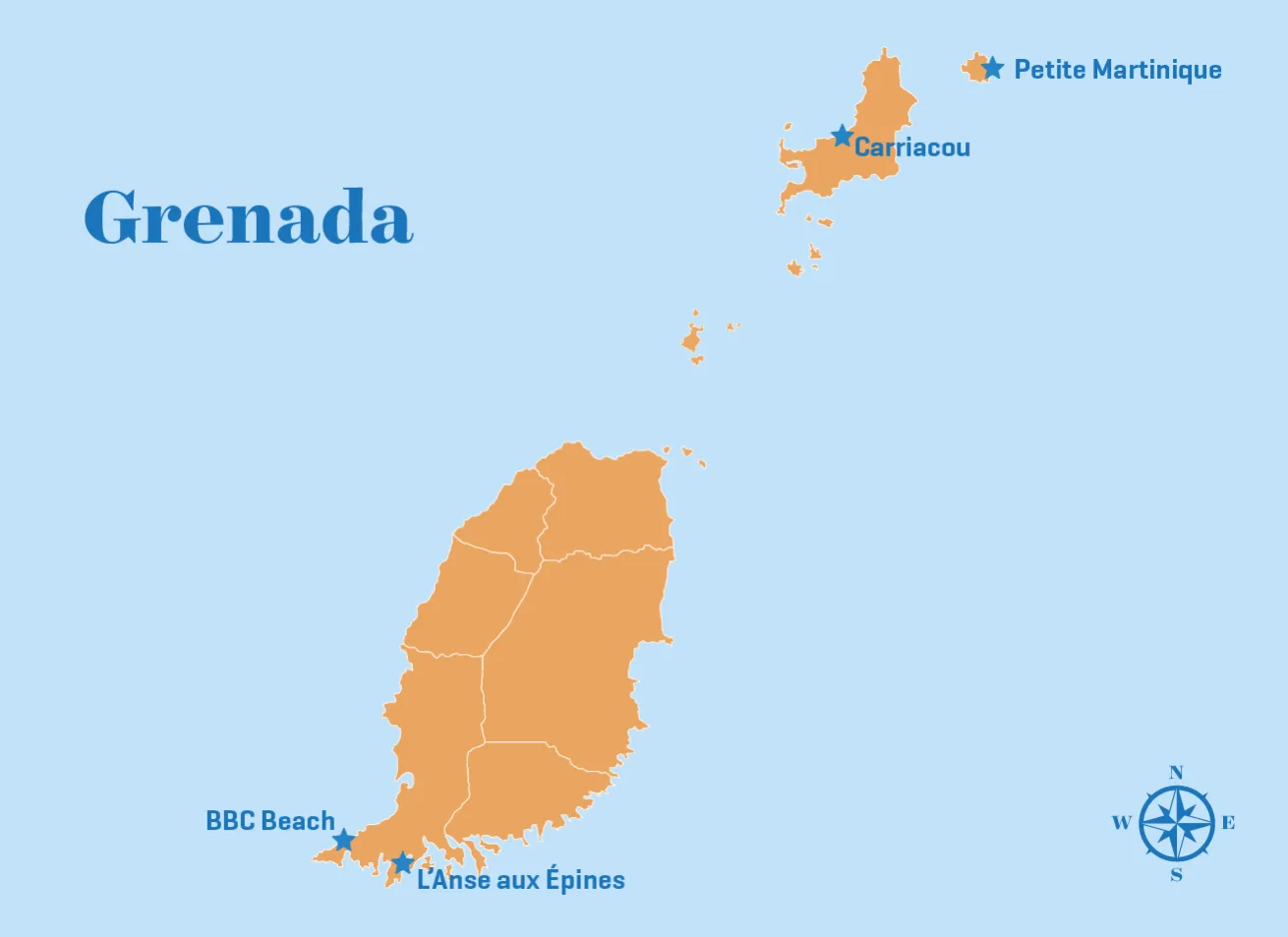 map of grenada showing BBC beach, lanse aux epines and carriacou and petit martinique