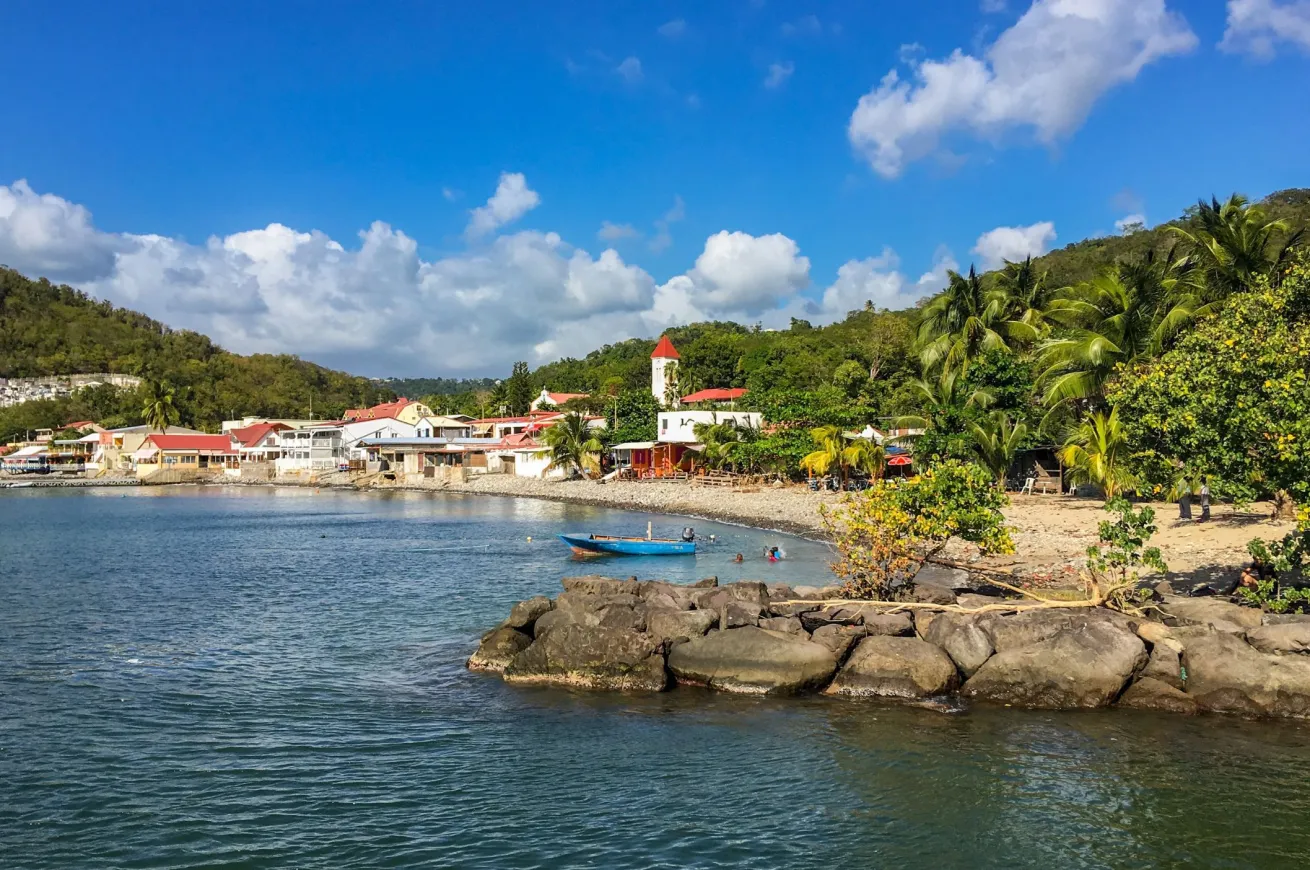 Deshaies waterfront under late afternoon sun, this quaint village is the main filming location of a famous TV series, Guadeloupe, French Caribbean, Antilles, France