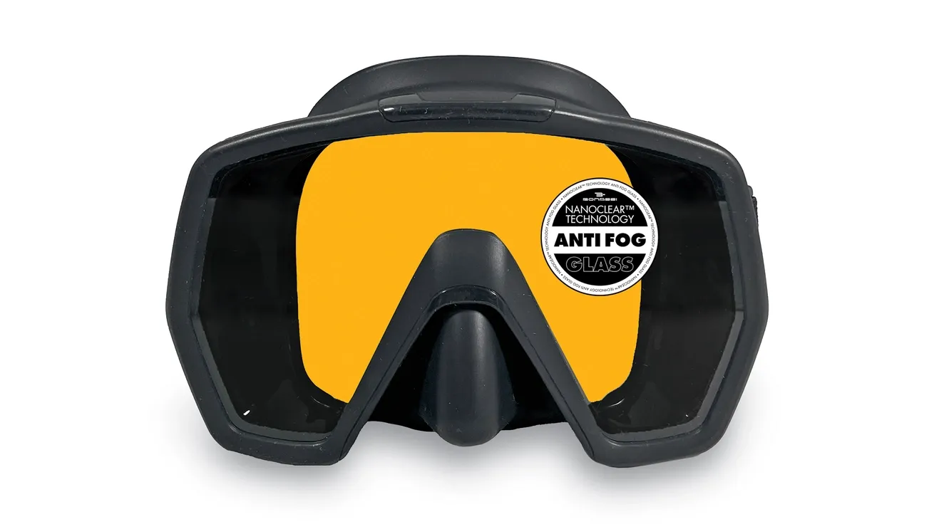 Bonassi Omnia Antifog scuba diving mask in black with orange lens available with advanced Revo reflective technology.