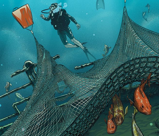 Illustration of divers freeing fish from abandoned net on wreck