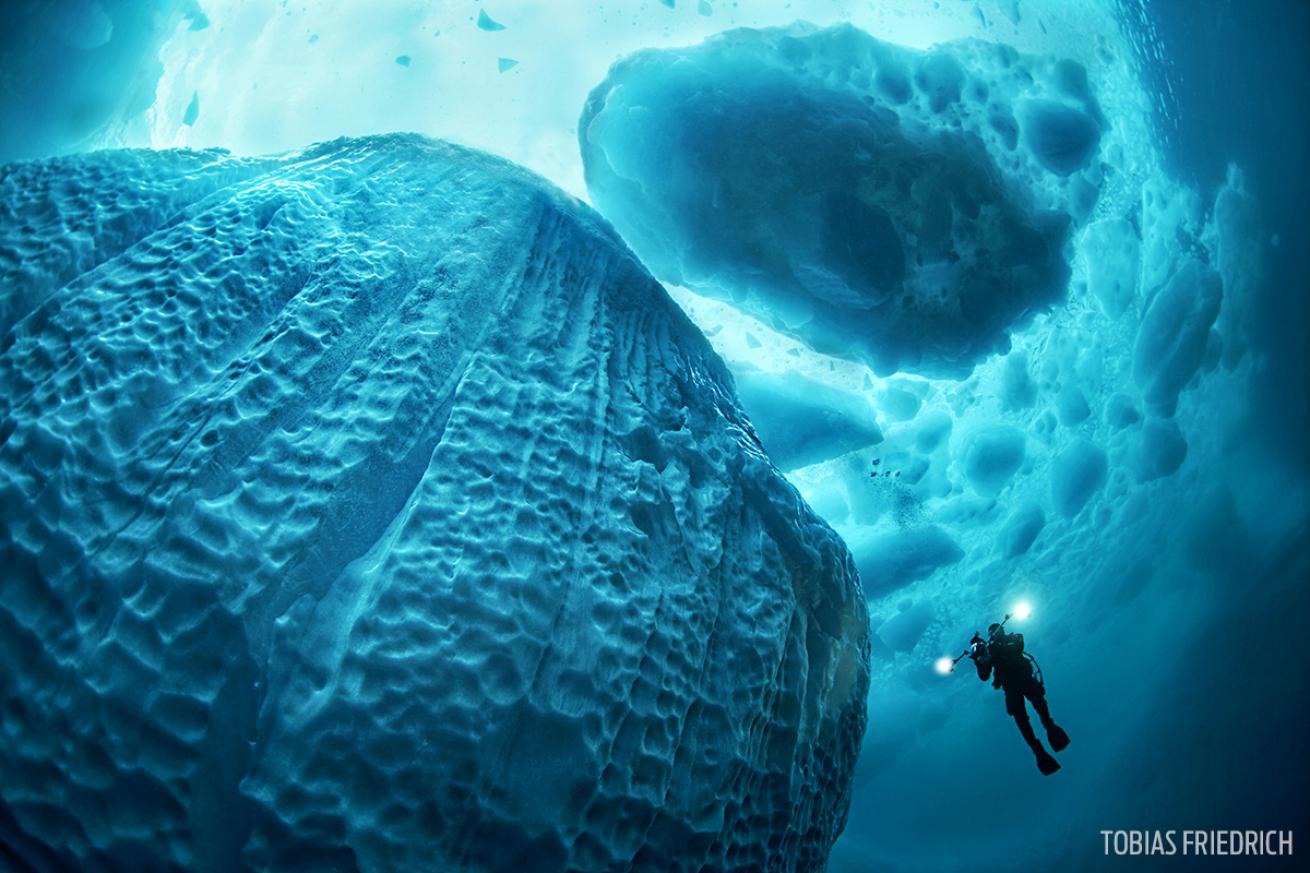 diver underwater in Greenland beneath iceberg