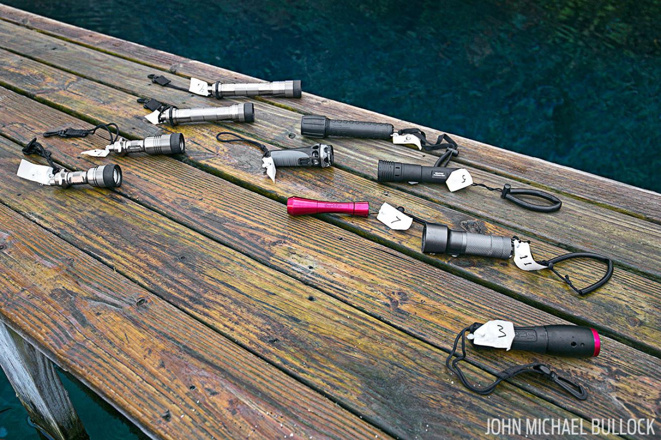 Dive lights sitting on the dock for ScubaLab's 2016 test
