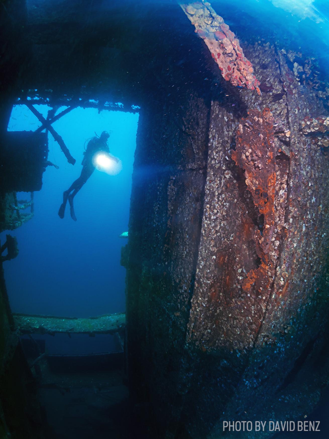 Interior view of the Oriskany shipwreck underwater in Florida