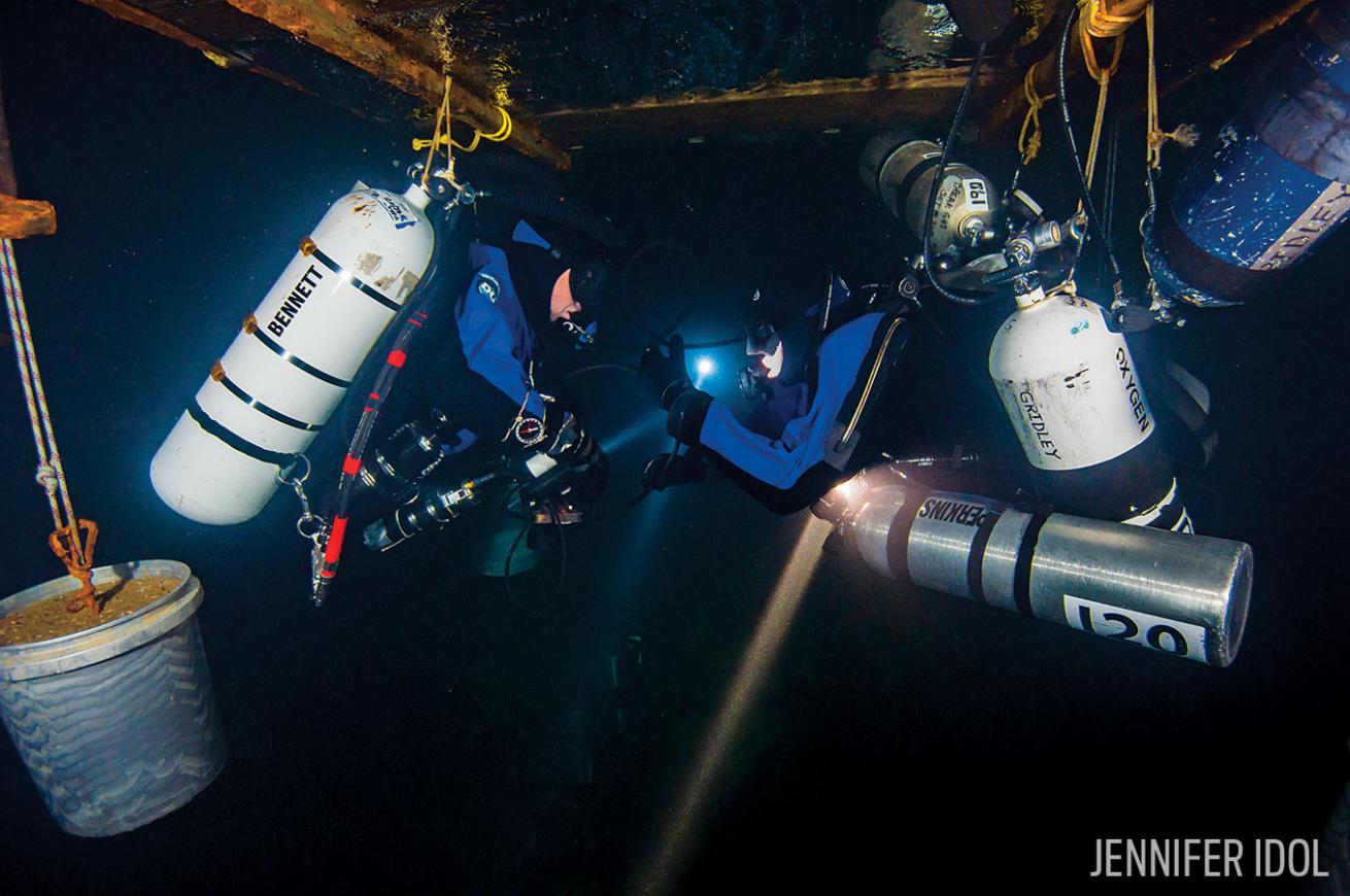Divers in Deco Habitat Underwater Missouri Cave
