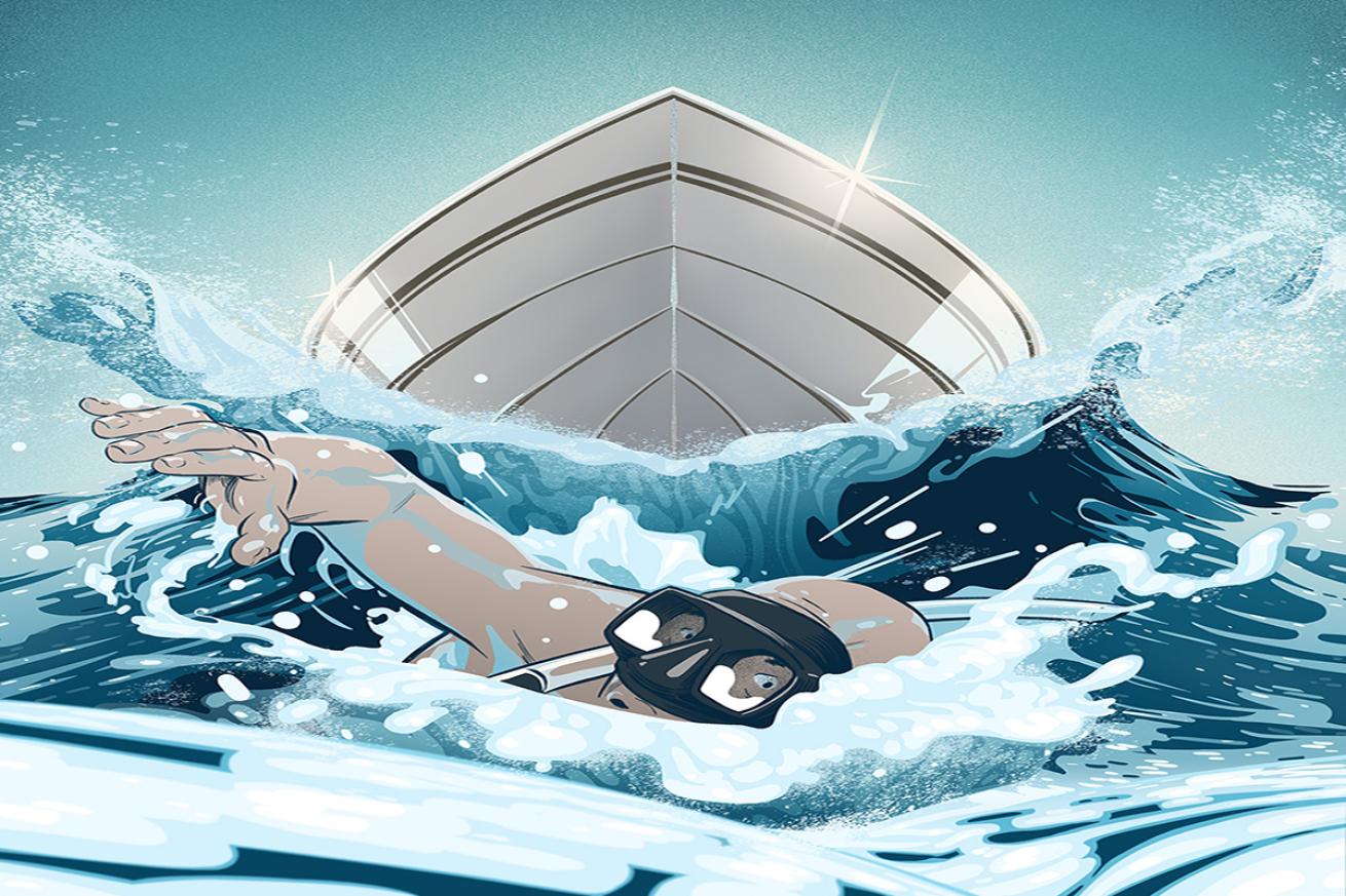 Illustration of boat speeding toward snorkeler
