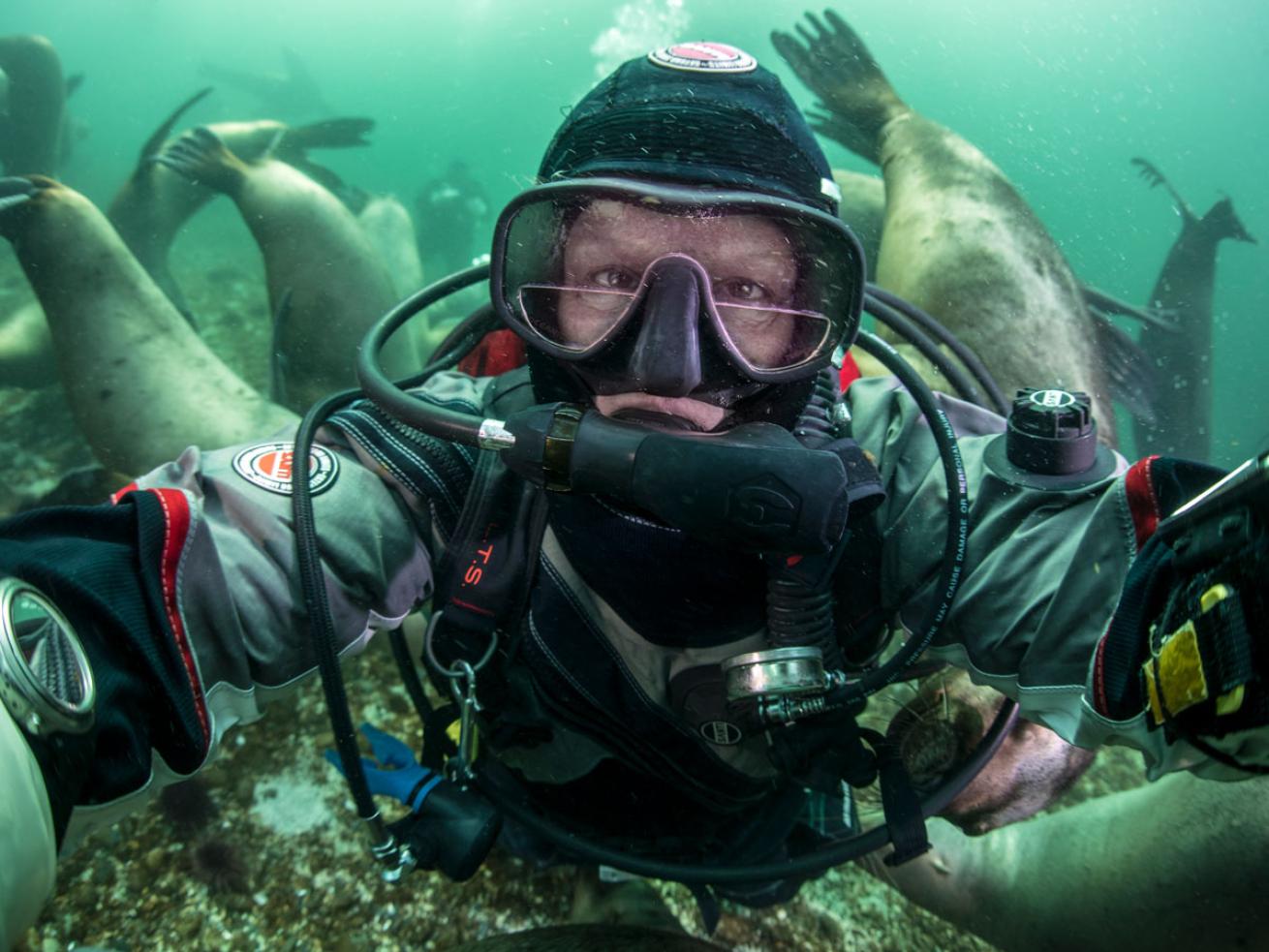 Jill Heinerth Selfie with Sea Lions