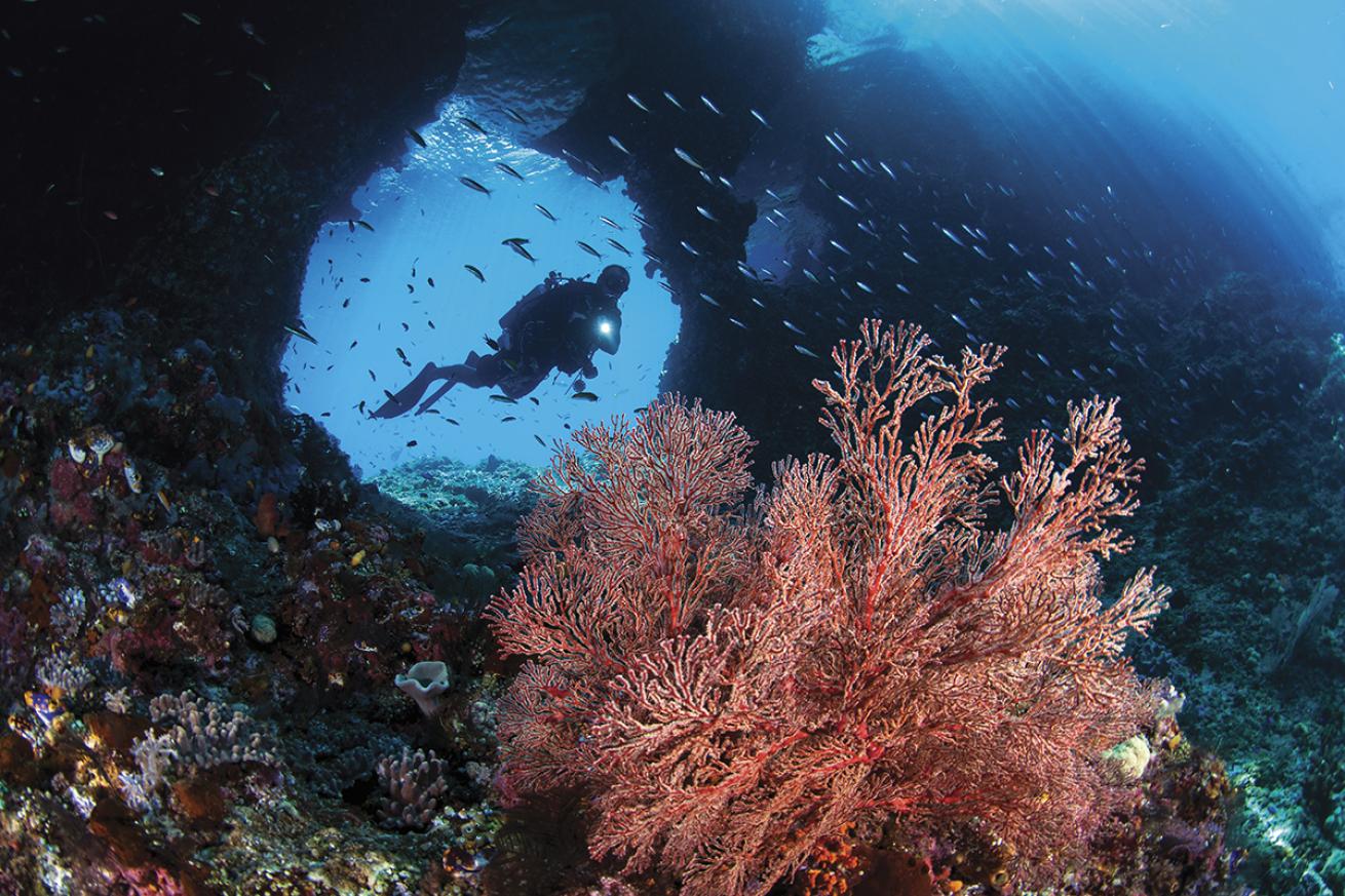 Scuba diver swimming through Boo Rock in Raja Ampat, Indonesia.