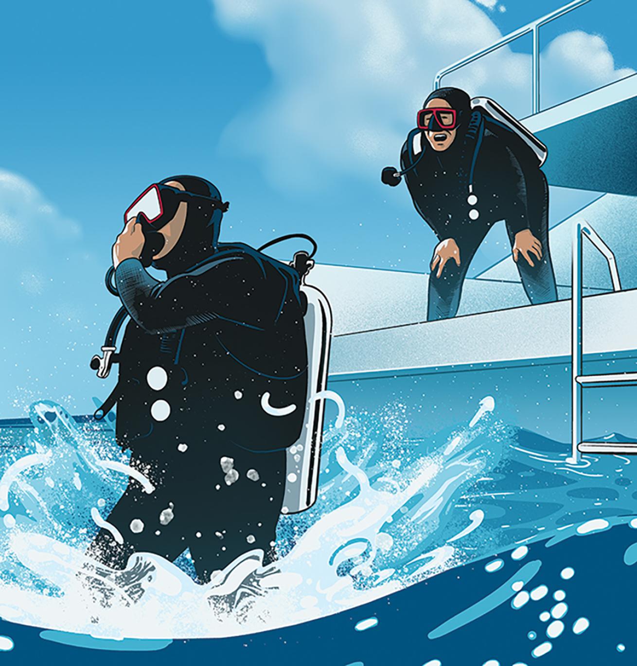 Illustration of a diver jumping into the ocean from a liveaboard.