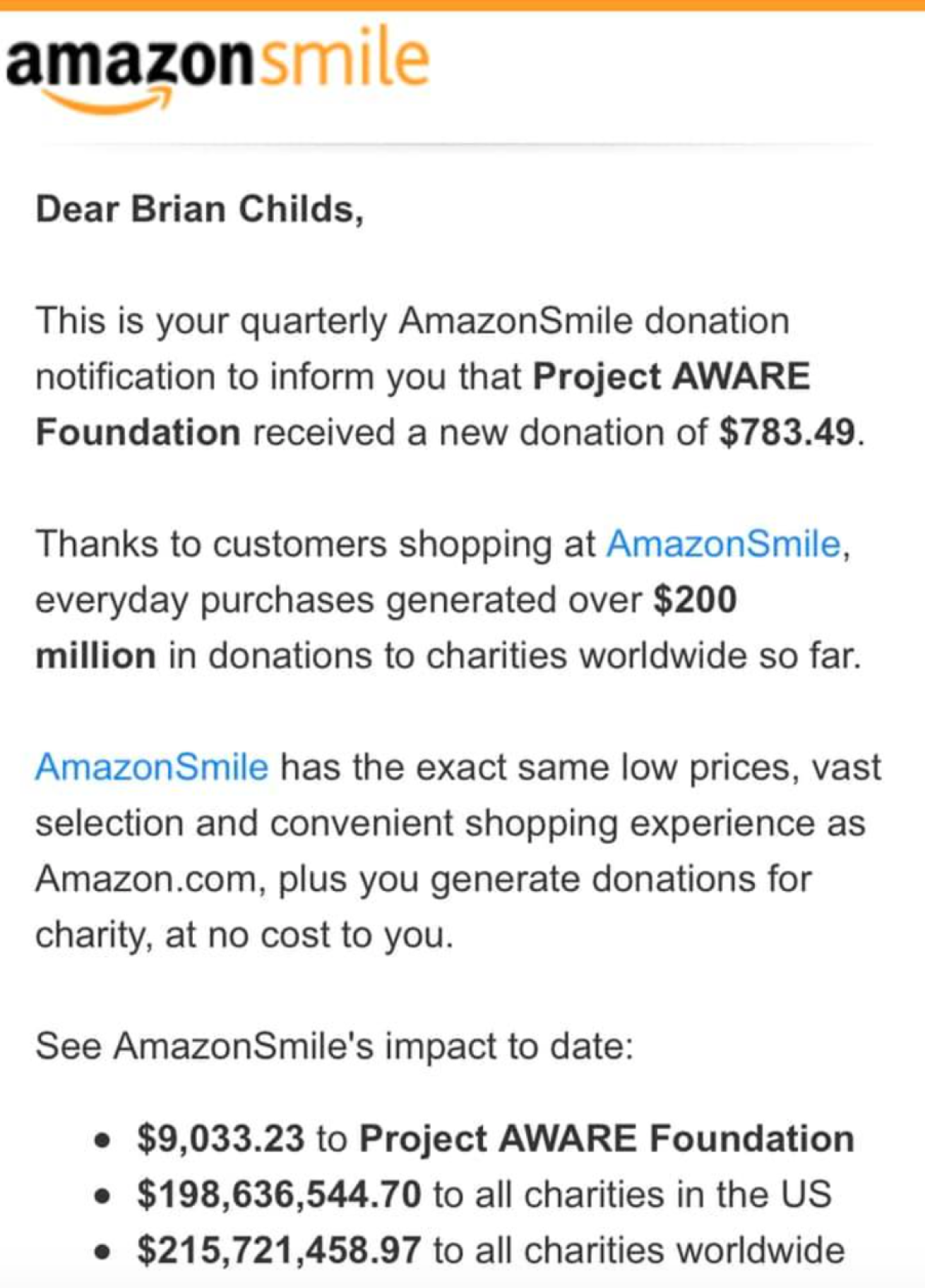 AmazonSmile Project AWARE Donation