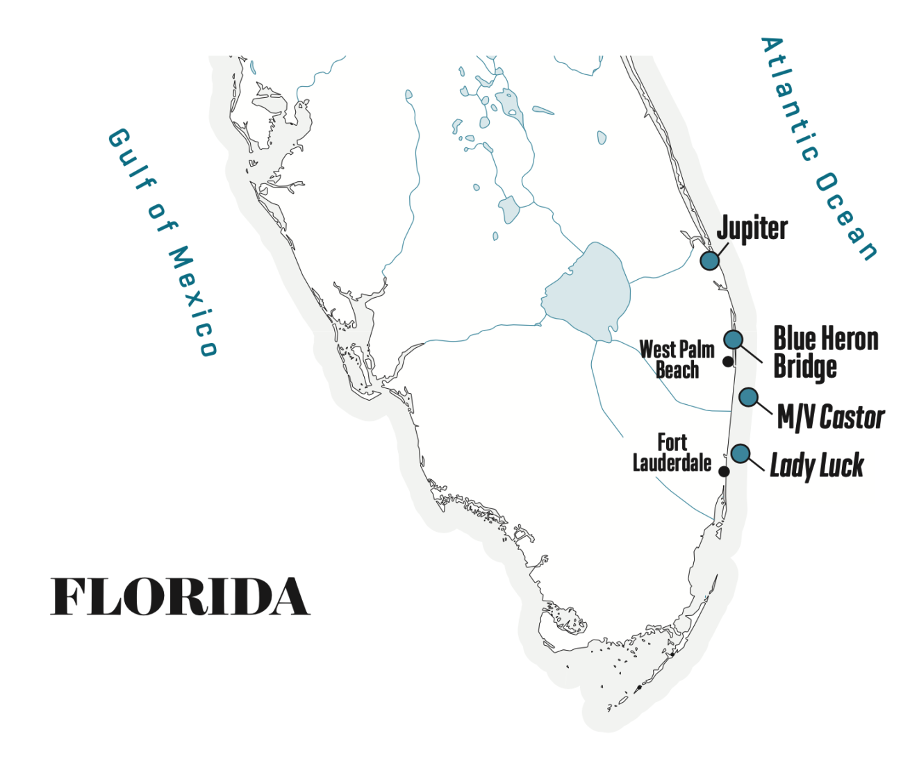 Map of dive sites in south Florida
