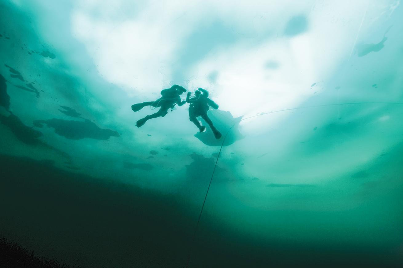 Ice divers shot from below