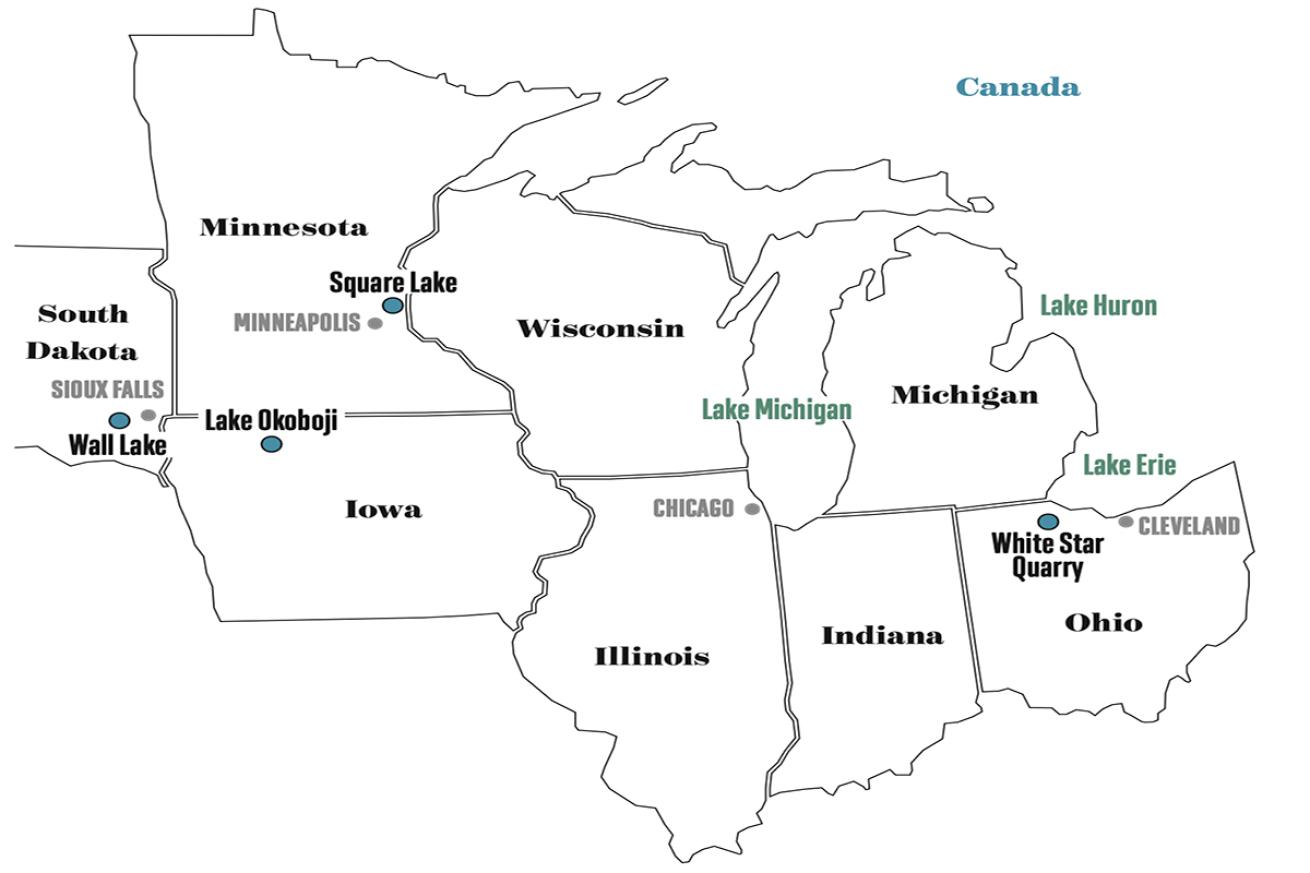 Map of midwestern ice diving locations