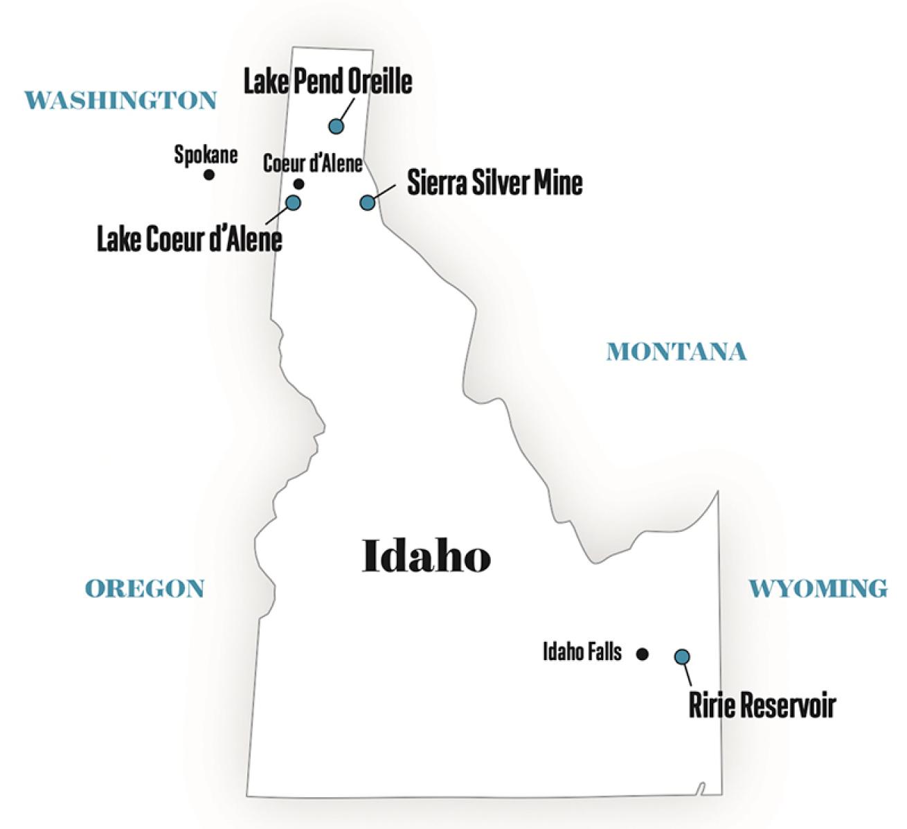 A map of dive sites in northern Idaho.