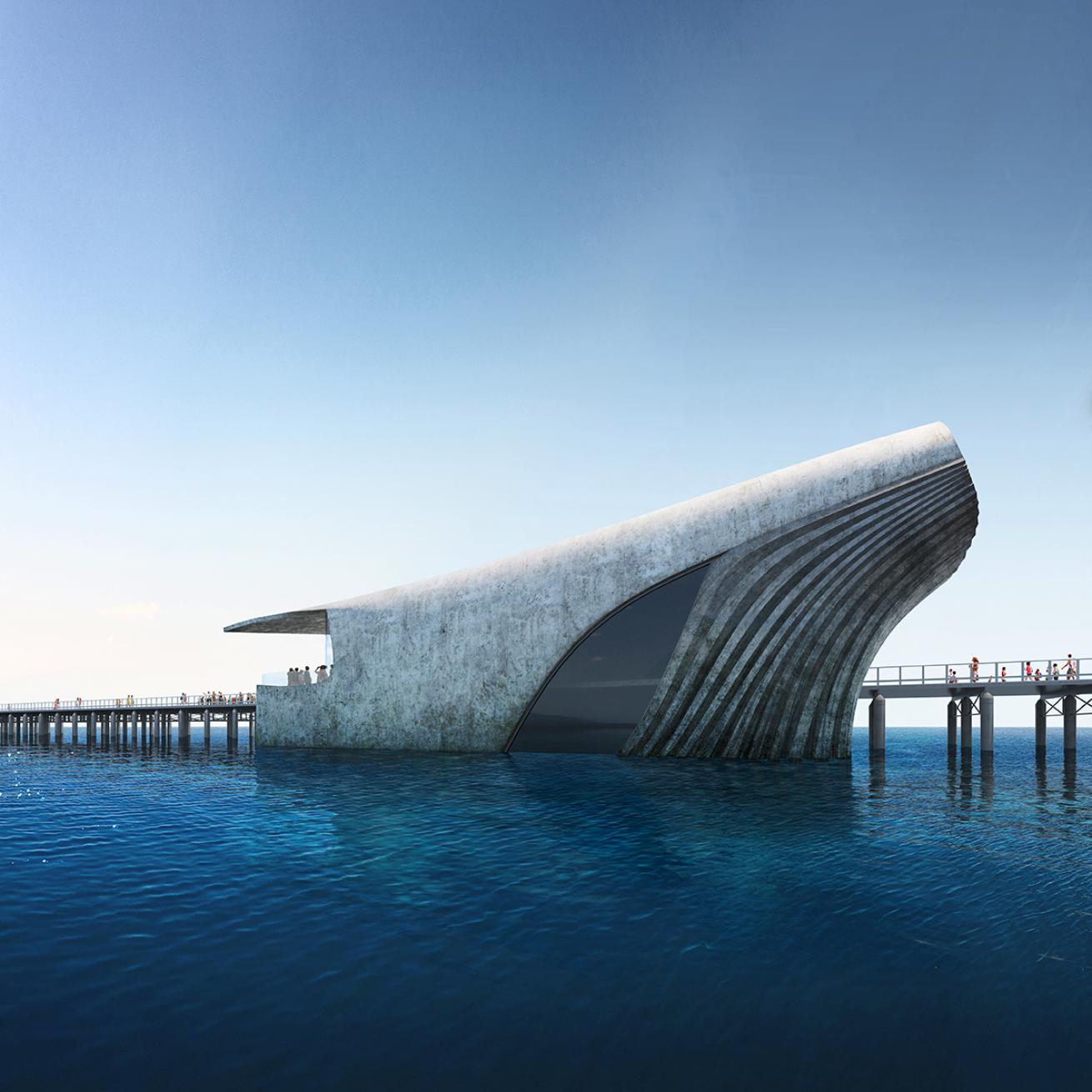 Outside rendering of whale-shaped Australian underwater discovery center 