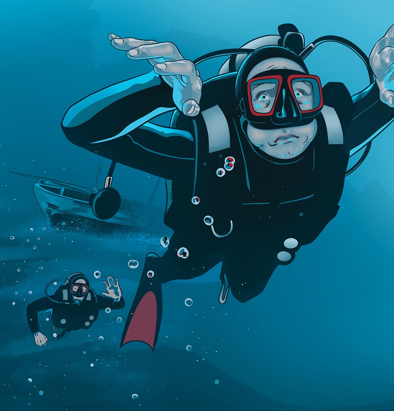 Illustration of a panicked diver ascending while holding his breath from a wreck 
