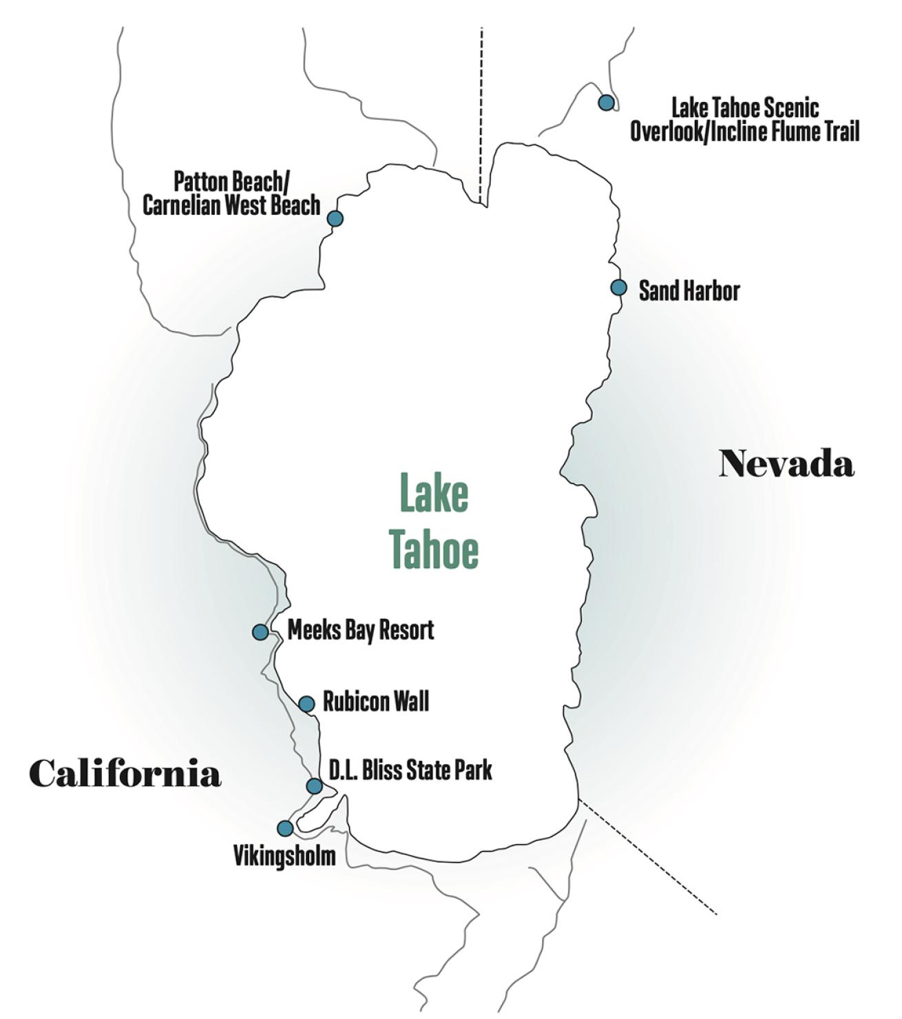 A map of dive sites in Lake Tahoe.