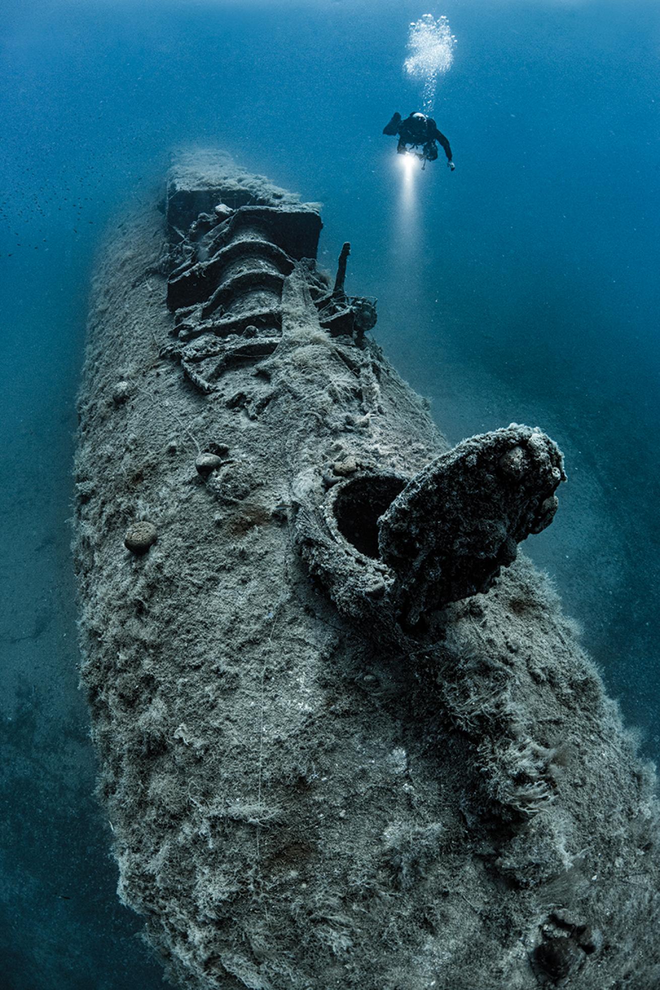 Diver with the Perseus wreck