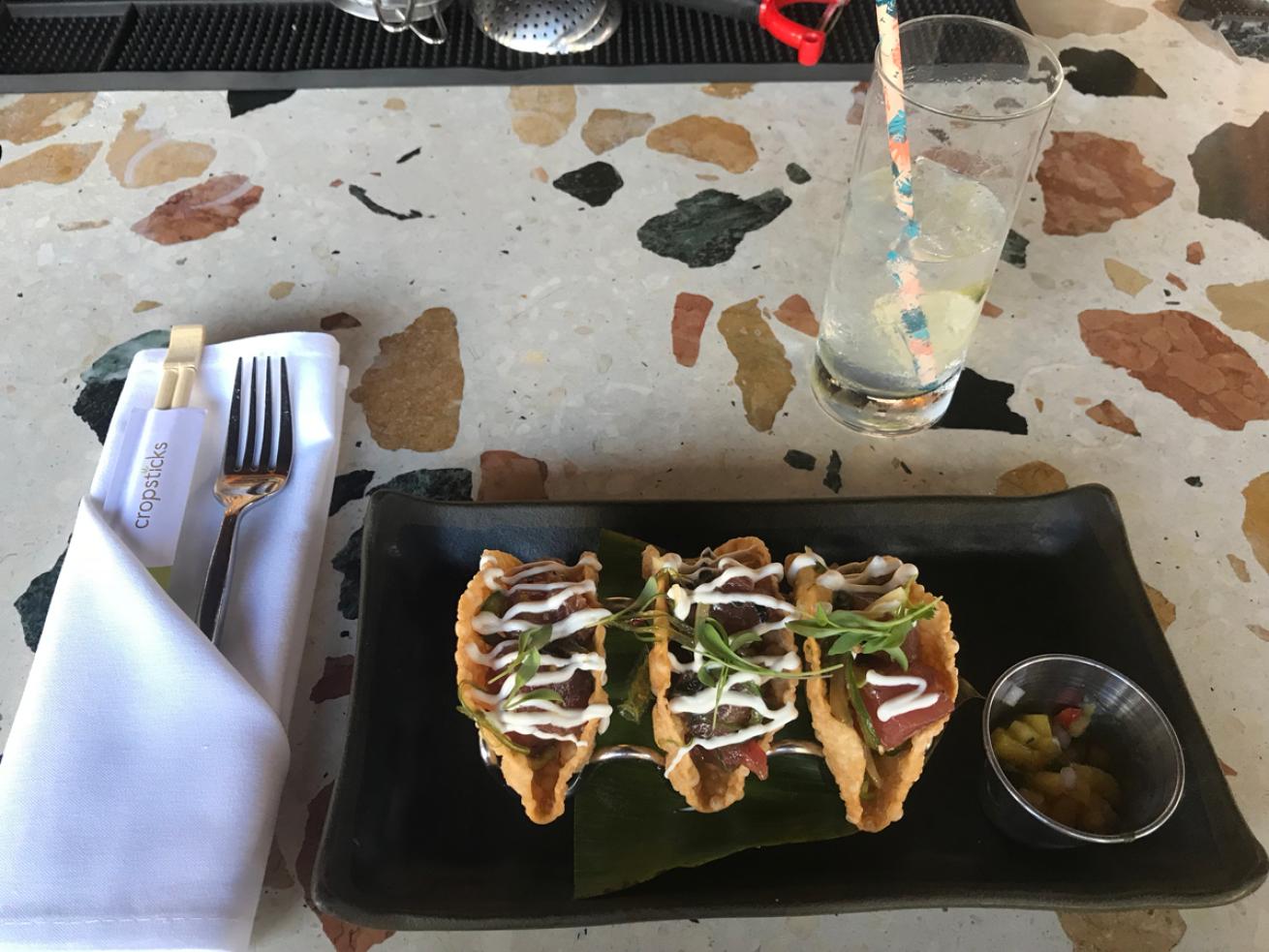 Wonton Poke Tacos at LayLow Hotel
