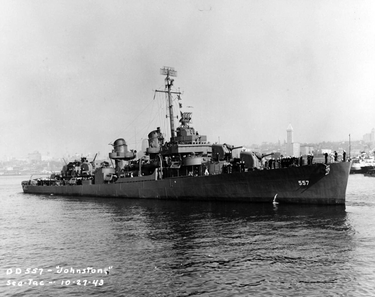A black and white image of the USS Johnston in a Washington State port before its sinking.