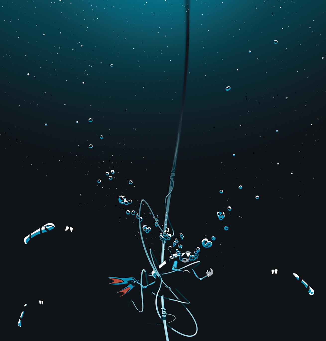 Diver caught in rope underwater with regulator out of mouth illustration