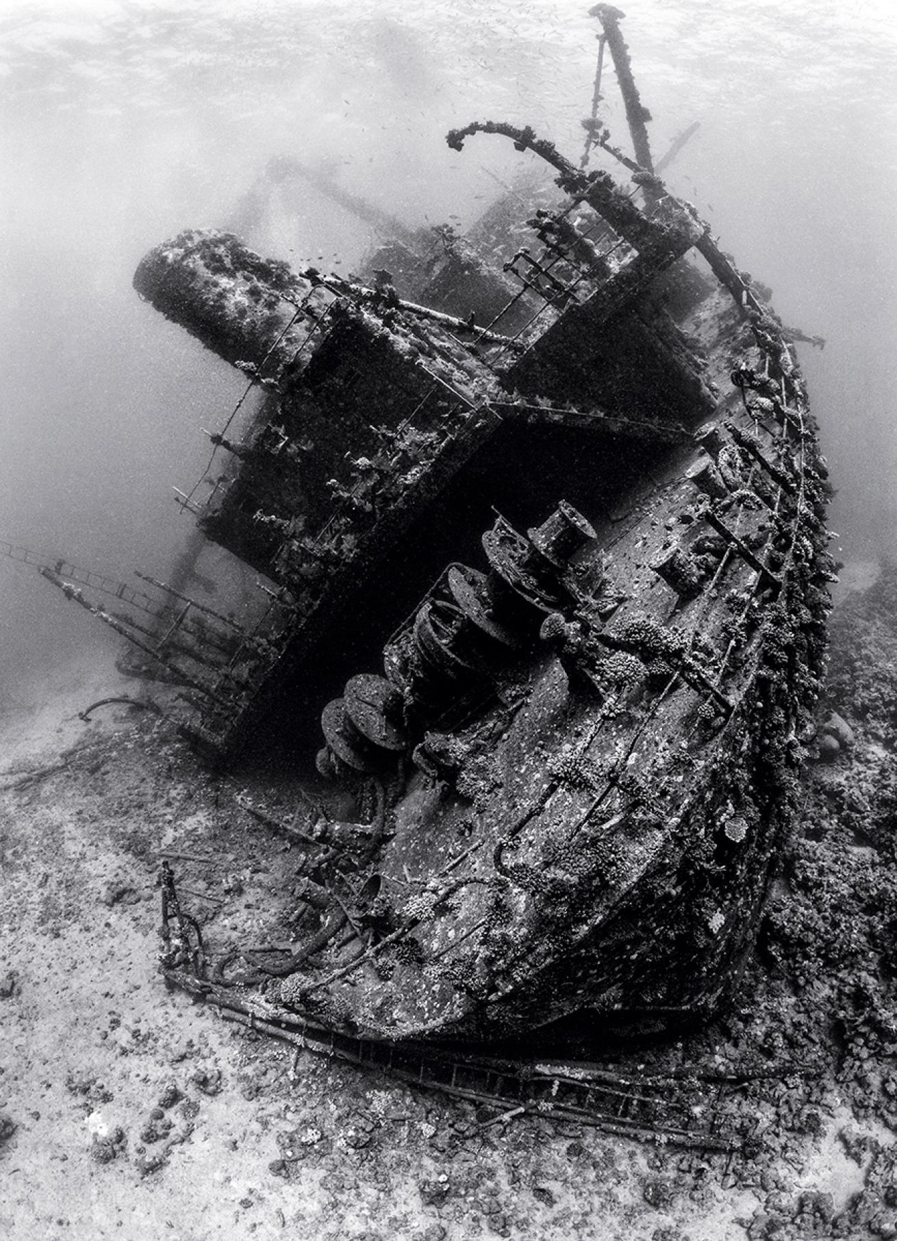 A black and white photo of a large shipwreck on the seabed.