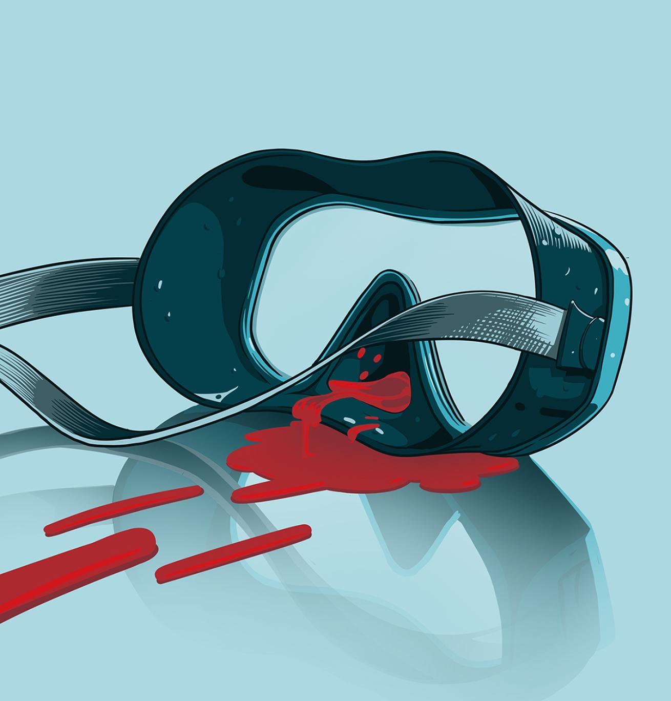 Illustration of blood filling the nose of a scuba diving mask.
