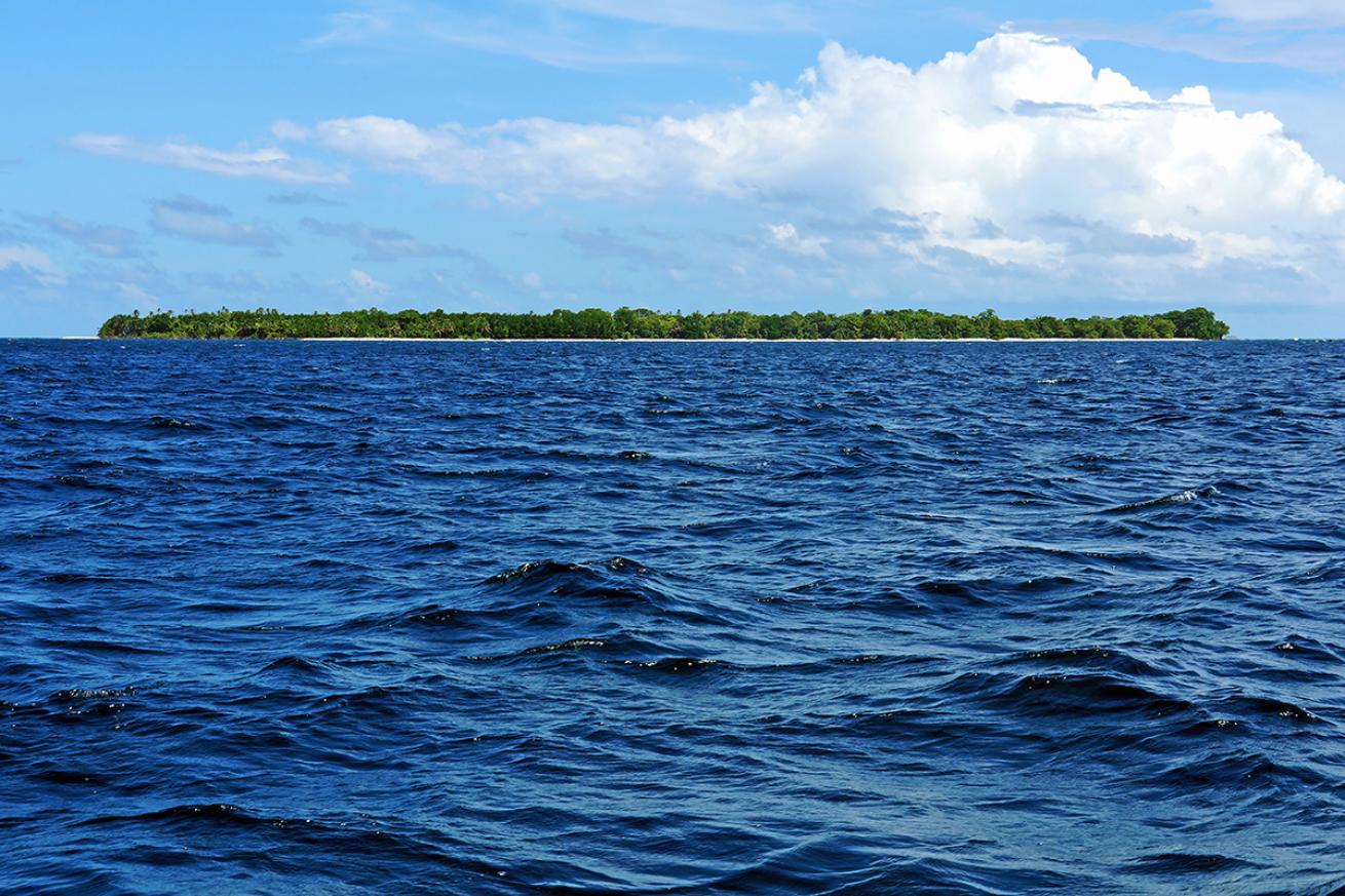 The think profile of a forested island sits on the ocean's horizon